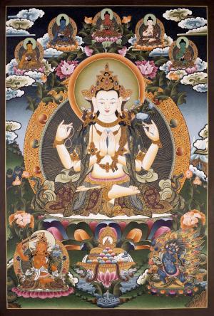 Avalokiteshvara Chengrezig Flanked By Manjushree ,Mahakala & 5 Dhyani buddhas
